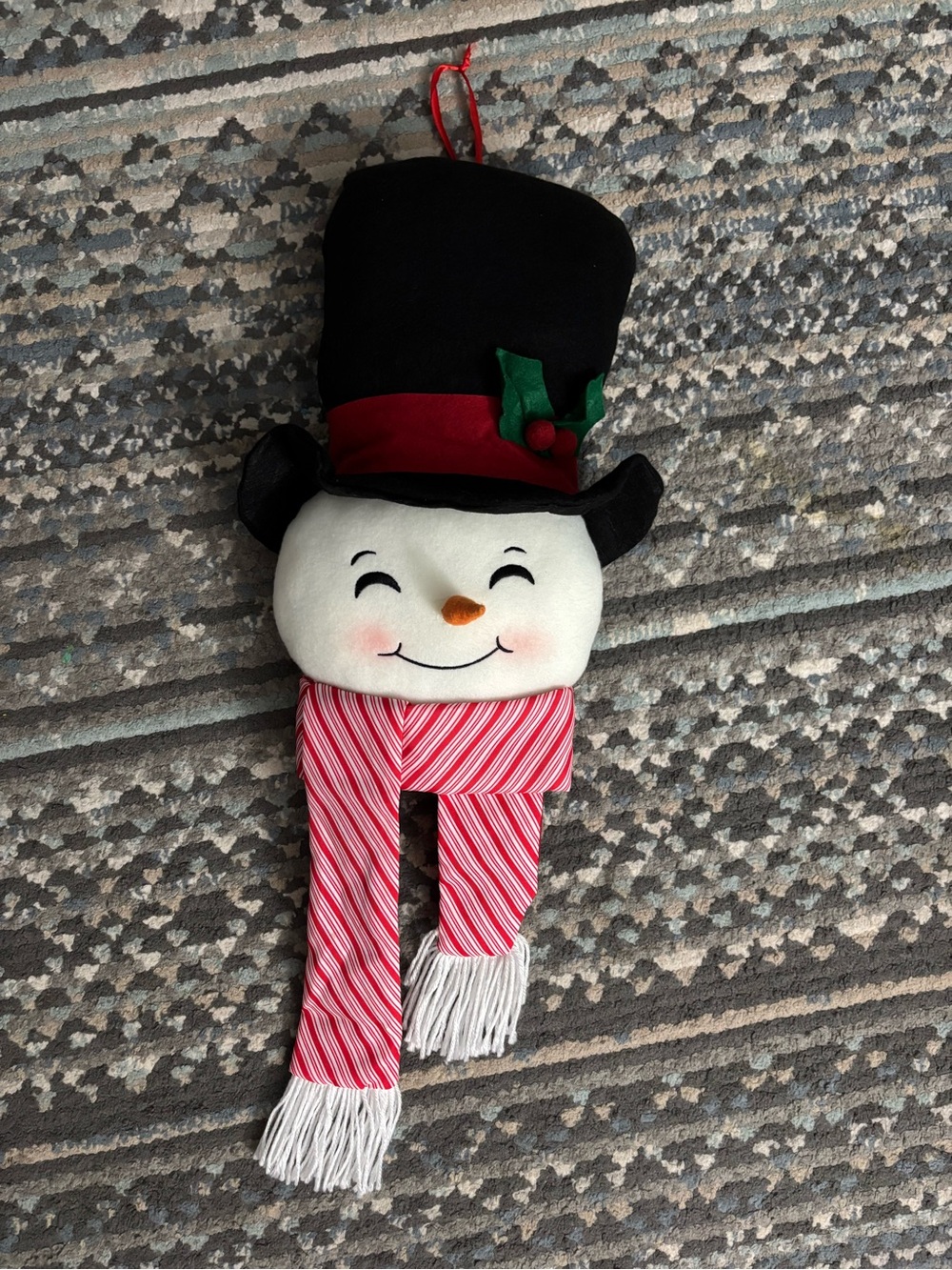 Plush Snowman Head Holiday Wall Hanging with Red Candy-Stripe Scarf